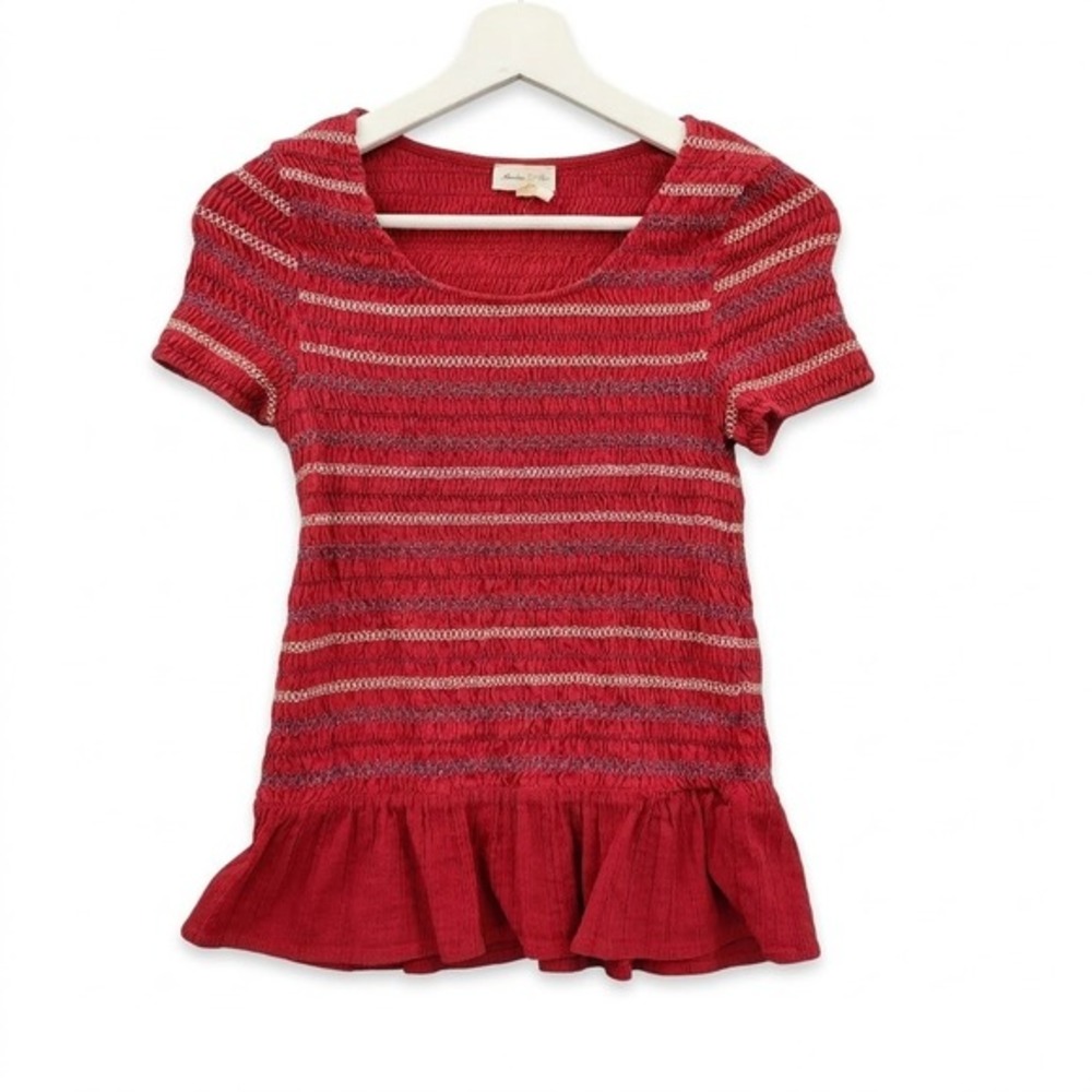 Meadow Rue Womens Cottage Romantic Smocked Peplum Stretchy Boho Top S Red Stripe